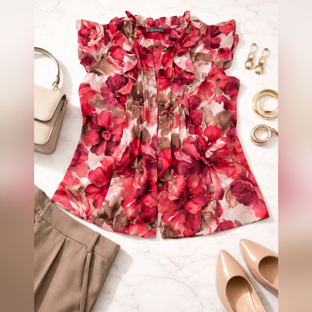 Floral Ruffle Cap-Sleeve Blouse - Red Floral